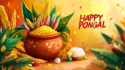 Happy Pongal Festival background with colorful sweet rice, millet, and corn leaves in a clay pot illustration. Text "HAPPY PONGAL" for an anime-style illustration, colorful and vibrant colors. Tamil, 