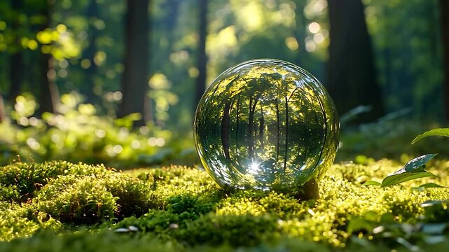 glass globe ball with tree growing and green nature blur background. eco earth day concept