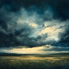 Obraz premium Dramatic, dark clouds over a serene, golden field at sunset. A ray of light breaks through the stormy sky.