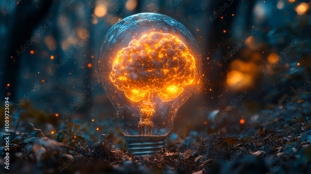 Poster a lightbulb with a brain-like structure glowing inside, symbolizing artificial intelligence, innovat