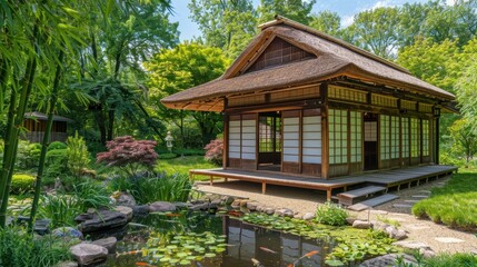 Obraz premium Japanese Tea House with Bamboo Architecture in Serene Garden Setting for Tranquil Retreat Design