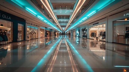 Fototapeta premium A modern shopping mall corridor with sleek lighting and reflective floors, showcasing retail spaces.