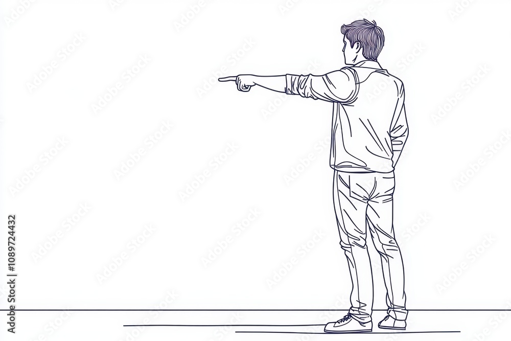 Poster a simple illustration on a white background depicts a minimalistic one-line drawing of a man standin