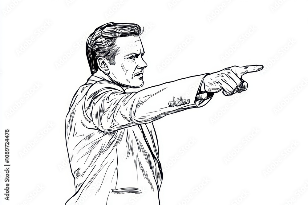 Poster a simple line drawing of an actor pointing at something off-stage with a white background, clean lin