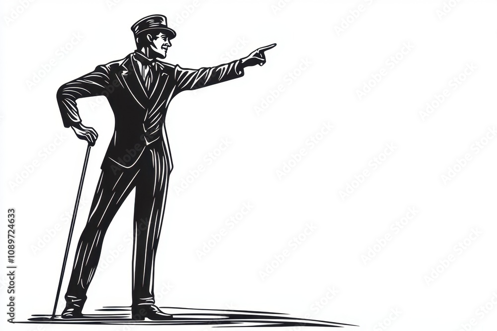 Poster a simple line drawing of an actor standing on stage, pointing to the side with one hand while holdin