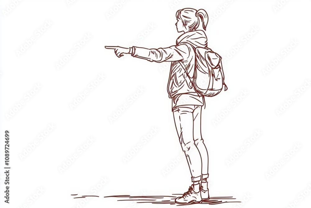 Poster a person standing, pointing at something in the distance, in a simple line drawing style with a whit