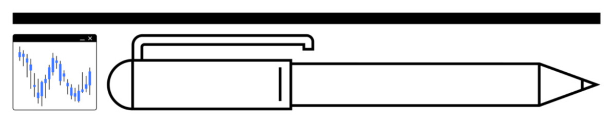 Obraz premium Black pen with clip alongside a blue line graph inside a square and a horizontal black bar on top. Ideal for business, writing tools, statistics, minimalism, stationery, office environments