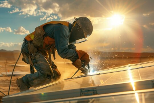 Welder Installing Solar Panels in Desert Environment at Sunset for Renewable Energy Projects
