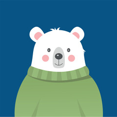 Polar bear vector illustration. White bear Christmas card. Poster with cartoon cute bear in sweater. Flat style illustration with funny white bear. 