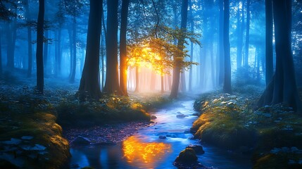 Fototapeta premium Mystical forest stream at dawn, sunlight through trees, magical scene.