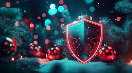 Creative Cyber Shield in Neon Christmas Atmosphere