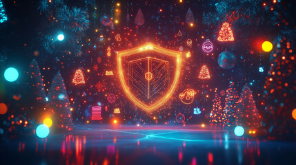 Abstract Digital Splash with Cybershield and Neon Christmas Icons