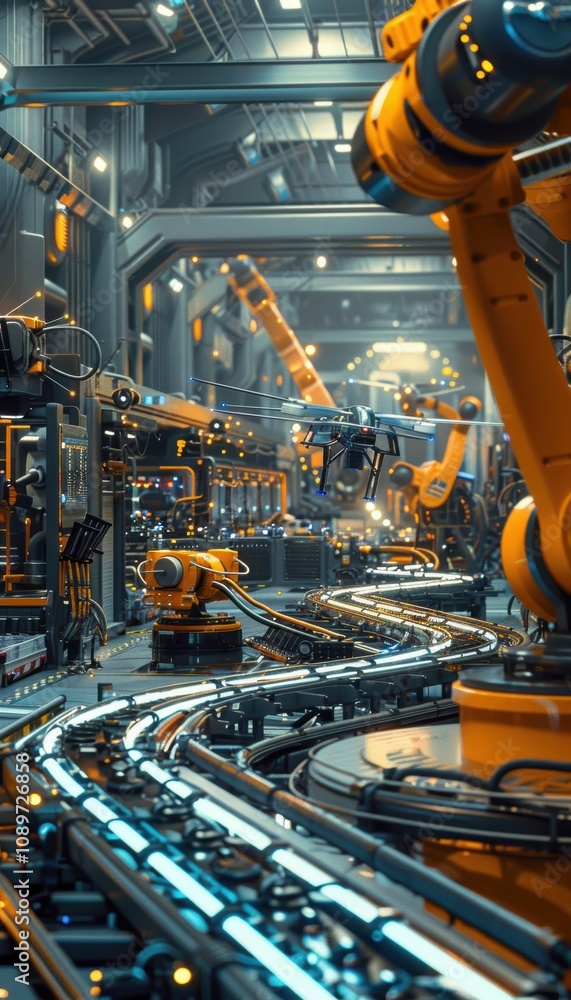 Poster futuristic drone manufacturing line with automated robotic arms in modern factory setting