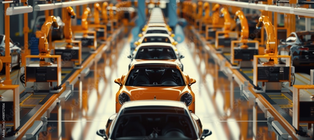 Poster high-tech automobile assembly line with autonomous driving system installation