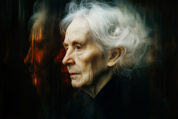 Abstract portrait of senior Caucasian woman suffering from dementia and Alzheimer, copy space