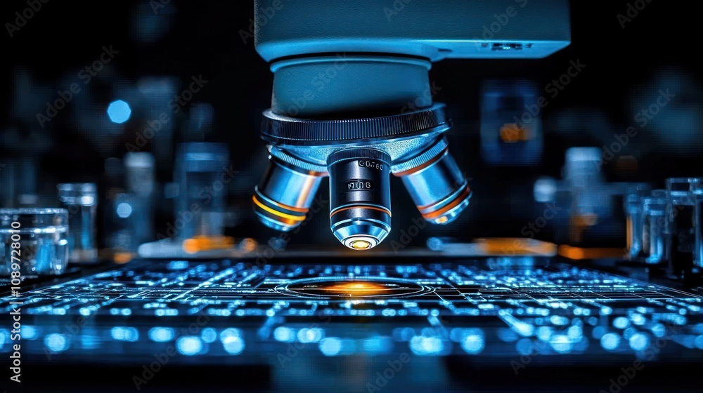 Poster microscope focused on illuminated circuit board.