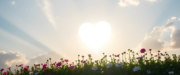 A Stunning Glowing White Heart Symbolizing Faith against a Morning Sky Surrounded by Lush Greens and Vibrant Flowers