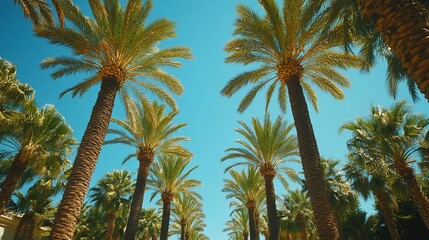 Obraz premium Low angle view of palm trees against a vibrant blue sky.