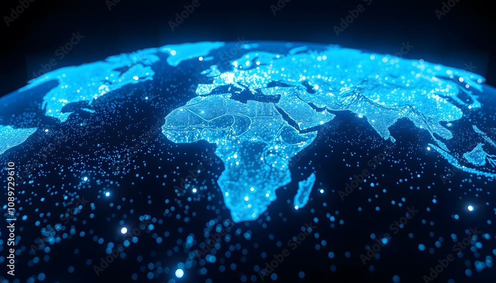 Aufkleber A Stunning Visual Representation of a Vigorous World Map Dissolving Into Glowing Particles, Perfect for Technology and Globalization Themes in Digital Art Projects and Presentations