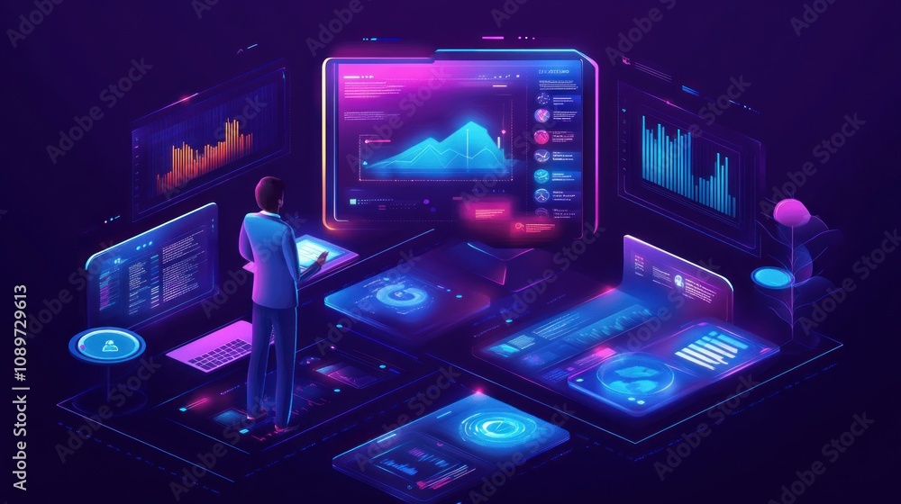 Poster data analyst reviewing futuristic business analytics displays