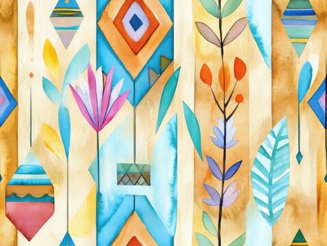 Boho seamless pattern earthy concept. A vibrant watercolor pattern featuring geometric shapes and botanical elements in bright colors on a textured background.