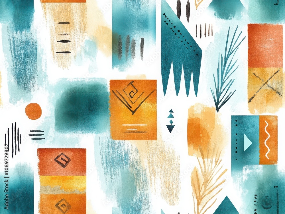 Poster boho seamless pattern earthy concept. a vibrant abstract pattern featuring geometric shapes and bold