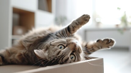 Beautiful tabby cat with lying in the box on the floor, close up, indoors, white living room blurred background.