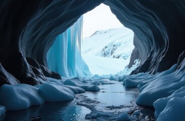  Enchanting ice cave entrance surrounded by icicles and icy blue formations, showcasing the captivating details of a winter wonderland