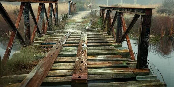 Abandoned bridge with rusted supports and missing planks, 4K , Video