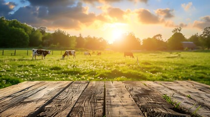 Obraz premium A serene landscape featuring a wooden surface in the foreground, with cows grazing in a lush green field at sunset.