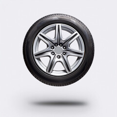 Obraz premium Roda de automóvel, carro, com aro prateado, isolado em fundo branco flutuando no ar. 