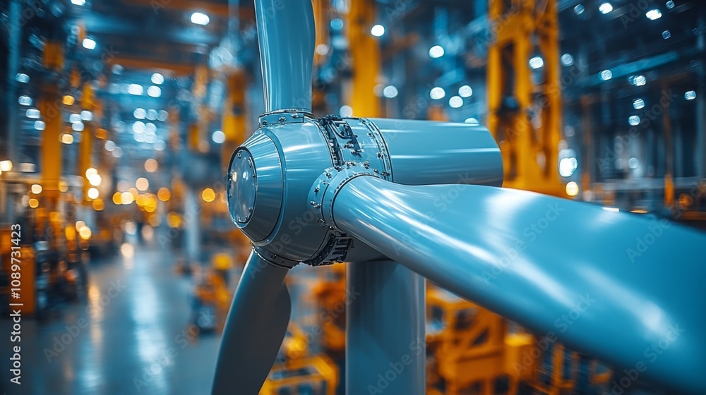 Poster a close-up of a turbine blade in a factory setting emphasizes the precision and technology used in m
