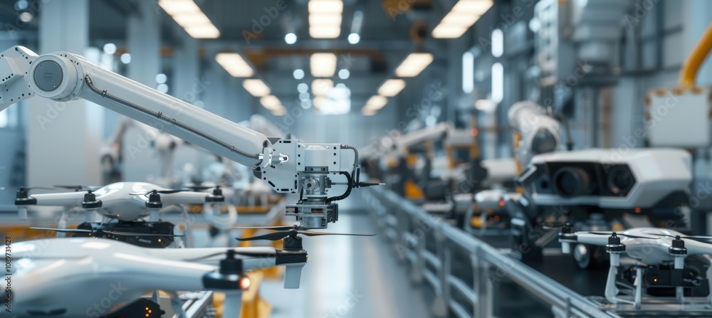 Poster advanced drone manufacturing line with robotic arms in high-tech factory environment
