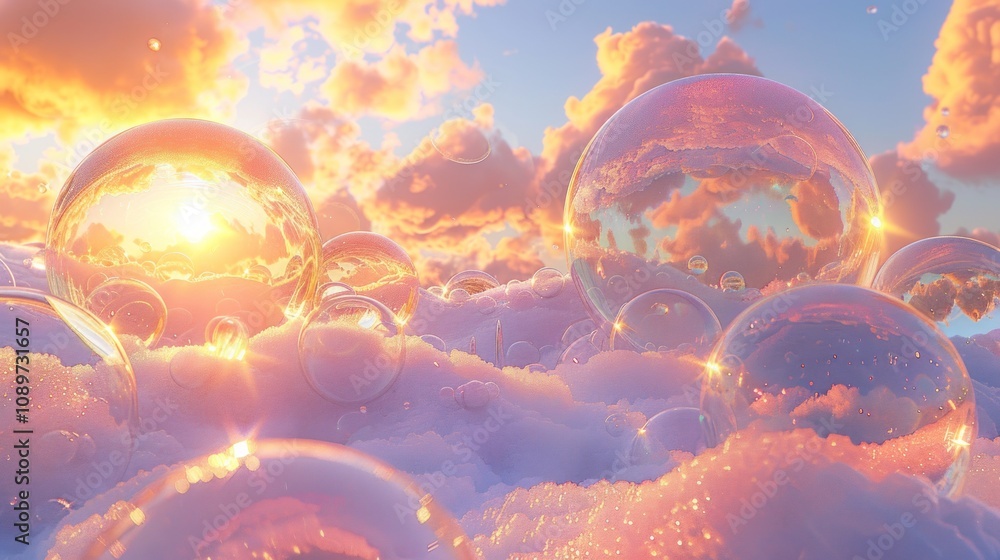 Poster a field of iridescent bubbles float in a sky filled with fluffy clouds and the warm glow of a settin
