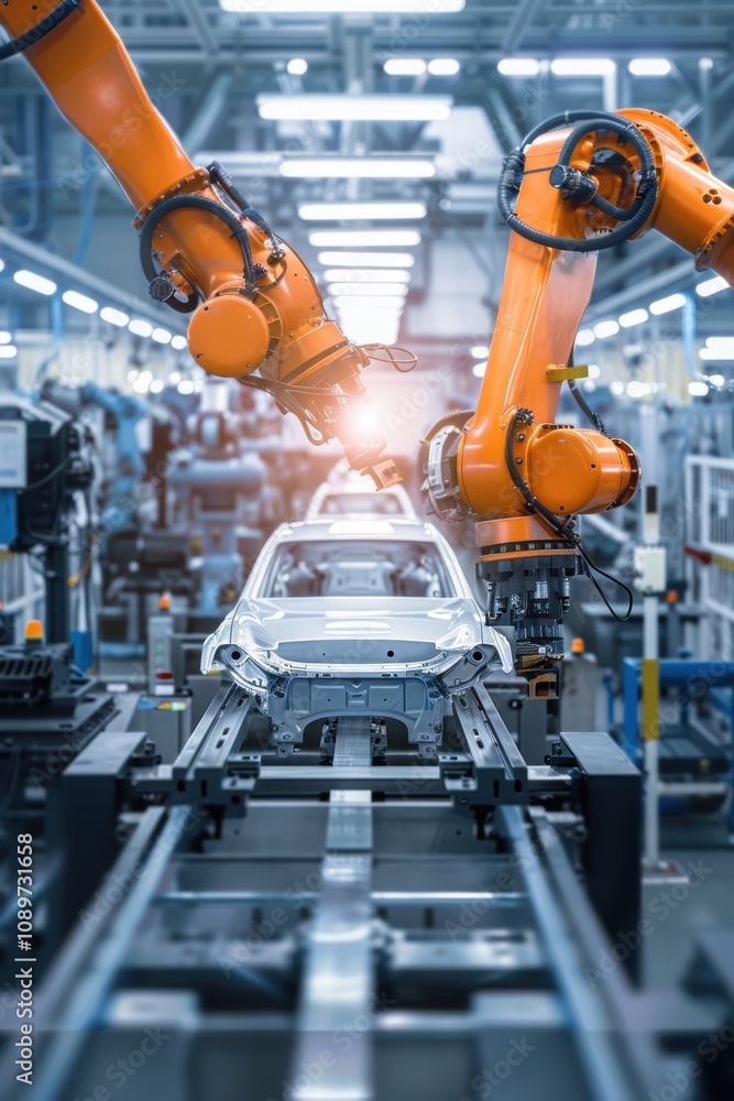 Poster advanced robotics on automated factory floor for automobile production and technology