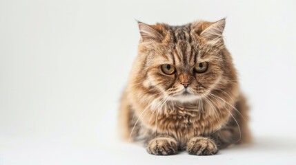 Obraz premium Beautiful cat persian cross lying on the floor, close up, indoors, white room blurred background.