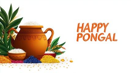 Happy Pongal Festival background with colorful sweet rice, millet, and corn leaves in a clay pot illustration. Text "HAPPY PONGAL" on white background. anime-style illustration, colorful and vibrant c