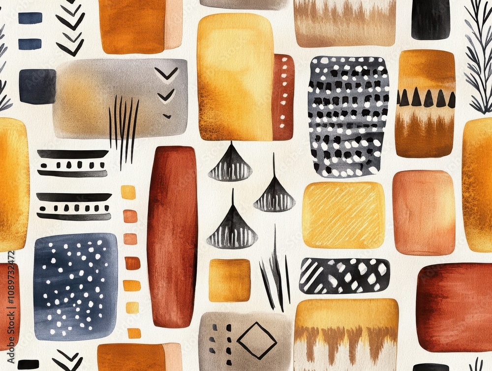 Poster boho seamless pattern earthy concept. a colorful abstract pattern featuring geometric shapes and ear