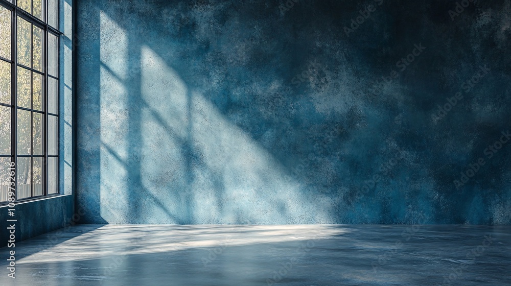 Poster a serene, empty room with a textured blue wall and sunlight streaming through a large window, creati