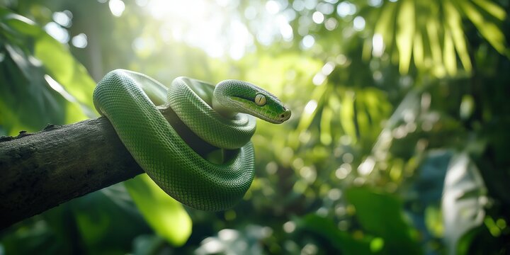 A brightly coloured green tree python coiled around a thick jungle branch