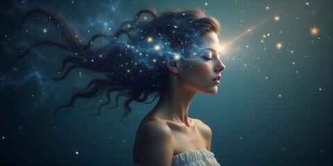 Artistic portrait of a woman with cosmic elements and starry background, representing inner peace
