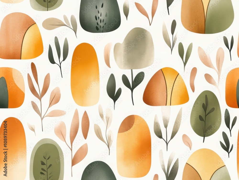 Poster boho seamless pattern earthy concept. a vibrant, abstract pattern featuring colorful shapes and leav