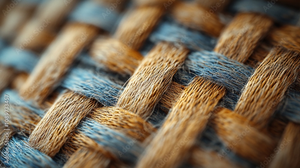 Poster a close-up view of a woven texture showcasing intricate patterns of brown and blue strands.