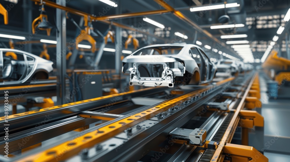 Poster automated conveyor belt system for efficient car assembly in modern factory design
