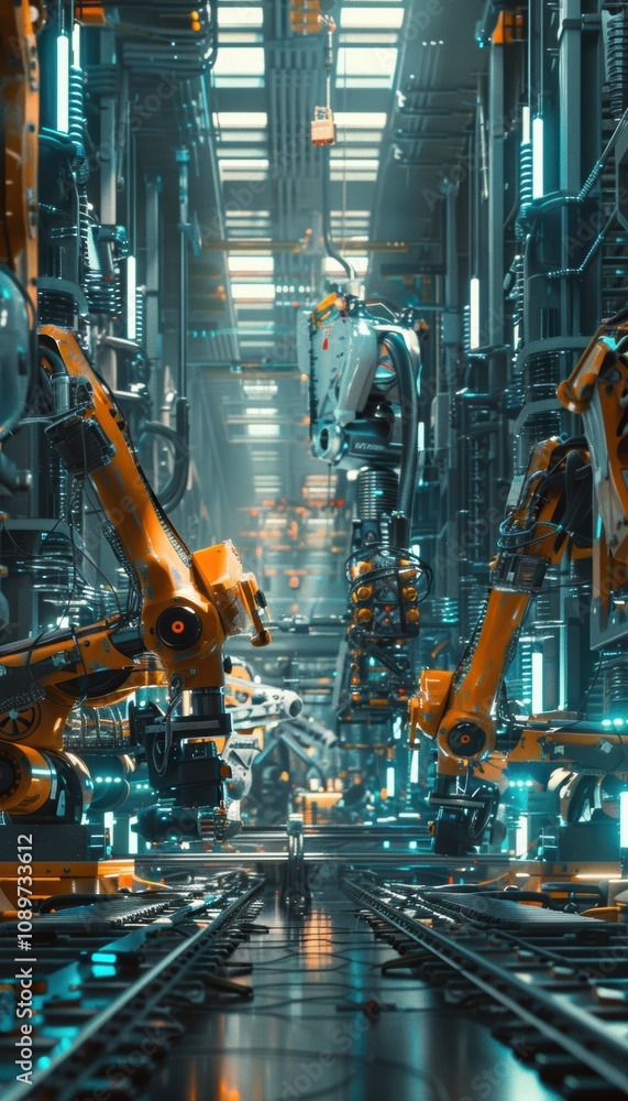 Poster futuristic drone assembly line in high-tech factory setting for advanced technology insights