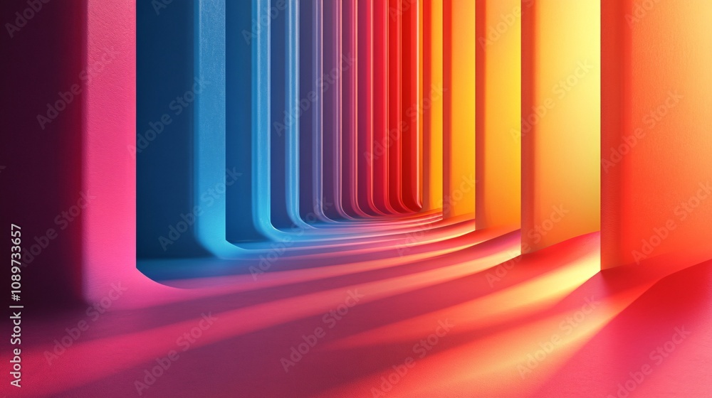 Poster a vibrant tunnel of colors with gradients of blue and orange, creating a futuristic and artistic atm