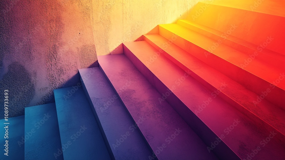 Poster a vibrant staircase with gradient colors transitioning from blue at the bottom to orange at the top 