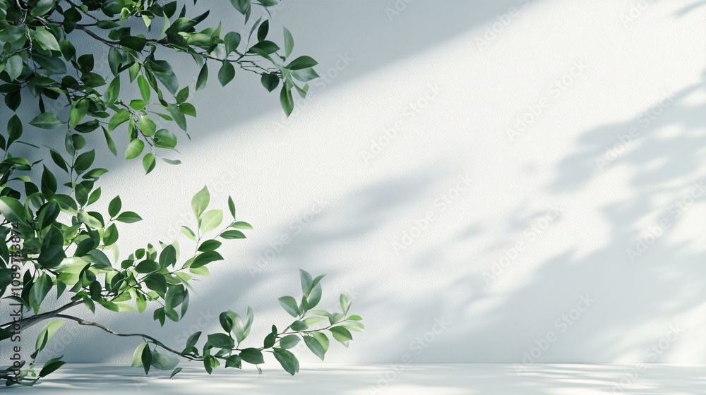 Poster a serene composition featuring green leaves casting shadows on a light wall, creating a tranquil and