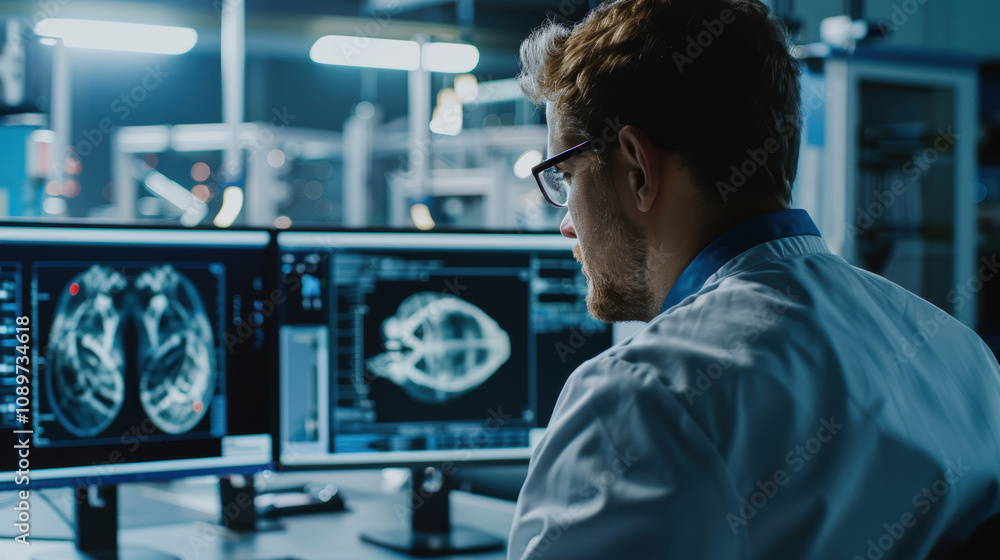 Poster engineer analyzing x-ray images of industrial parts for quality control and precision engineering