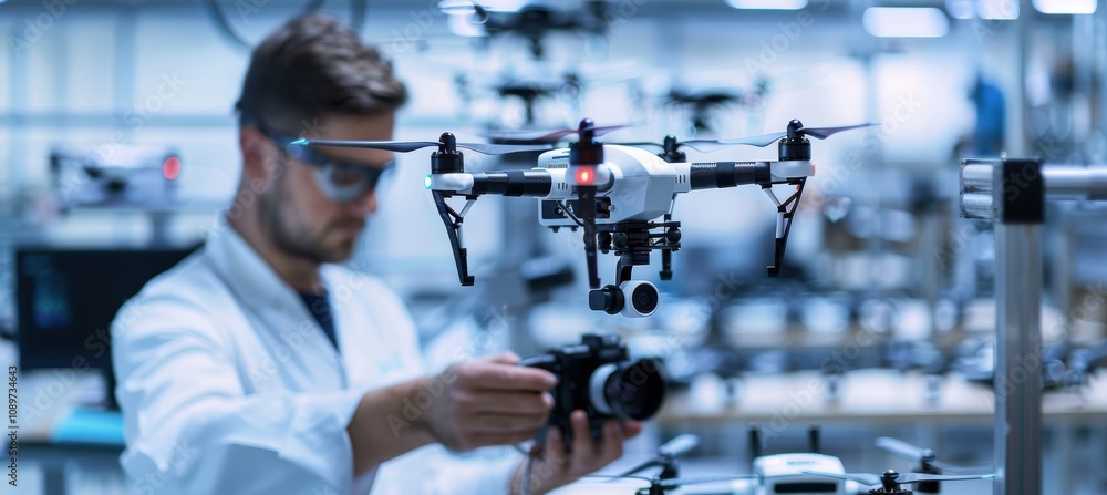 Poster engineer calibrating drones in high-tech manufacturing facility for efficient production